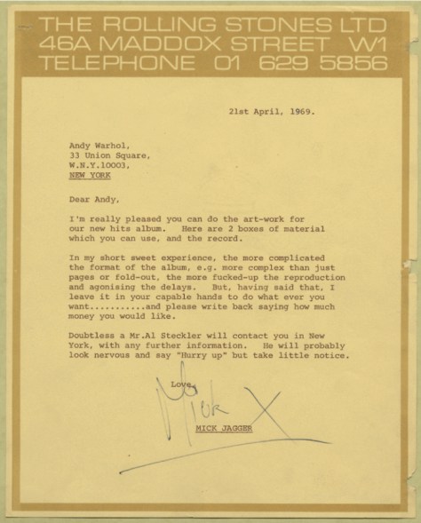 Mick Jagger's 1969 letter to Andy Warhol sending him material and a copy of Sticky Fingers and asking him to design somerthing wild.
